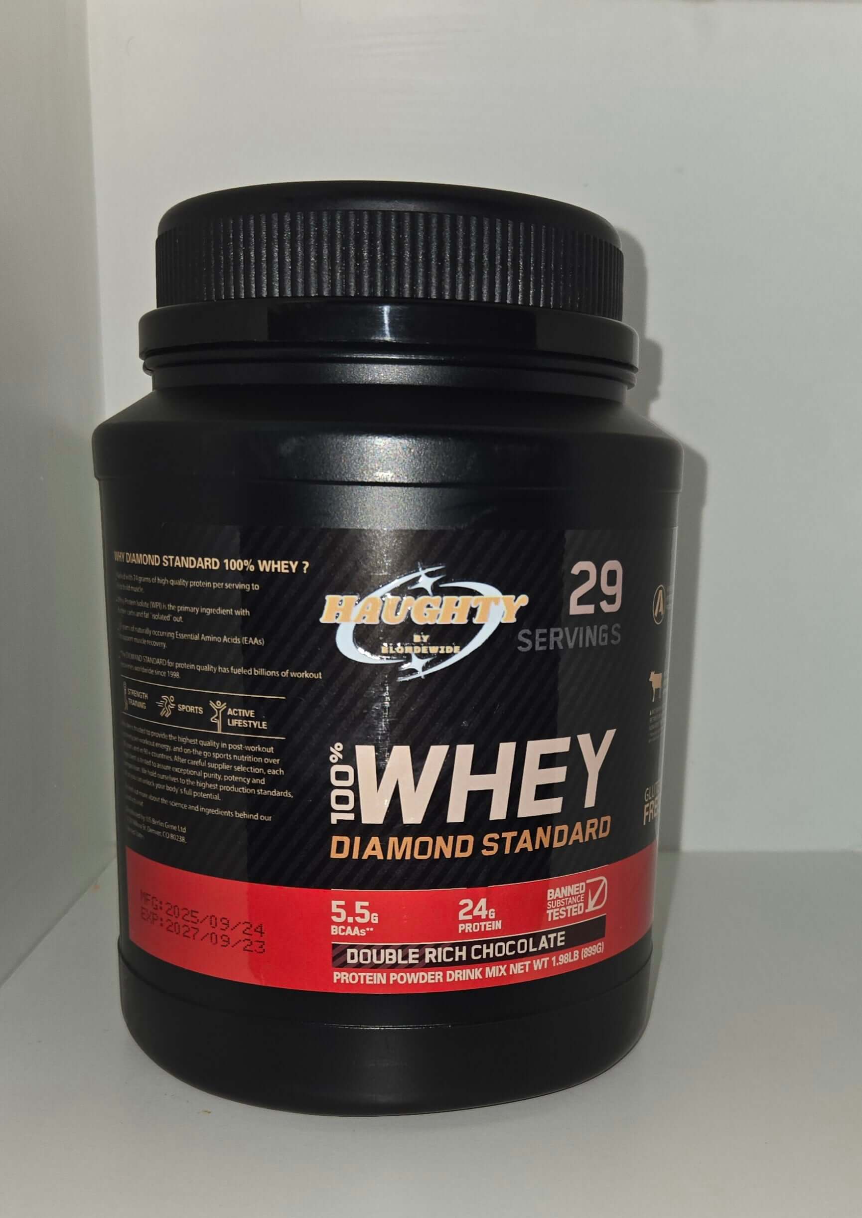 Chocolate whey protein powder with 24g protein per serving