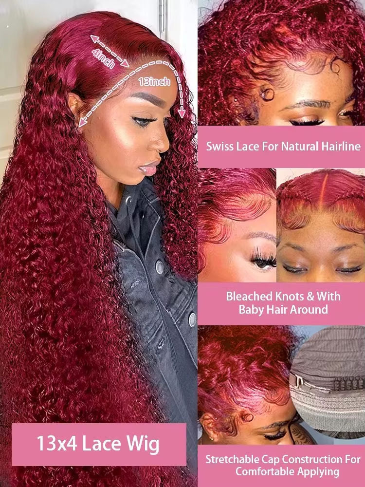 Burg - Deep Wave - 13x4 HD Transparent Lace Frontal Wig - 99J Burgundy Red- 180% - 200% Density