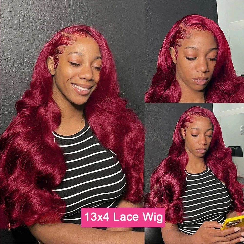 Brunette - Body Wave 99j Burgundy - 13x4 Transparent Lace Front Wig Pre-Plucked 180% - 200% Density