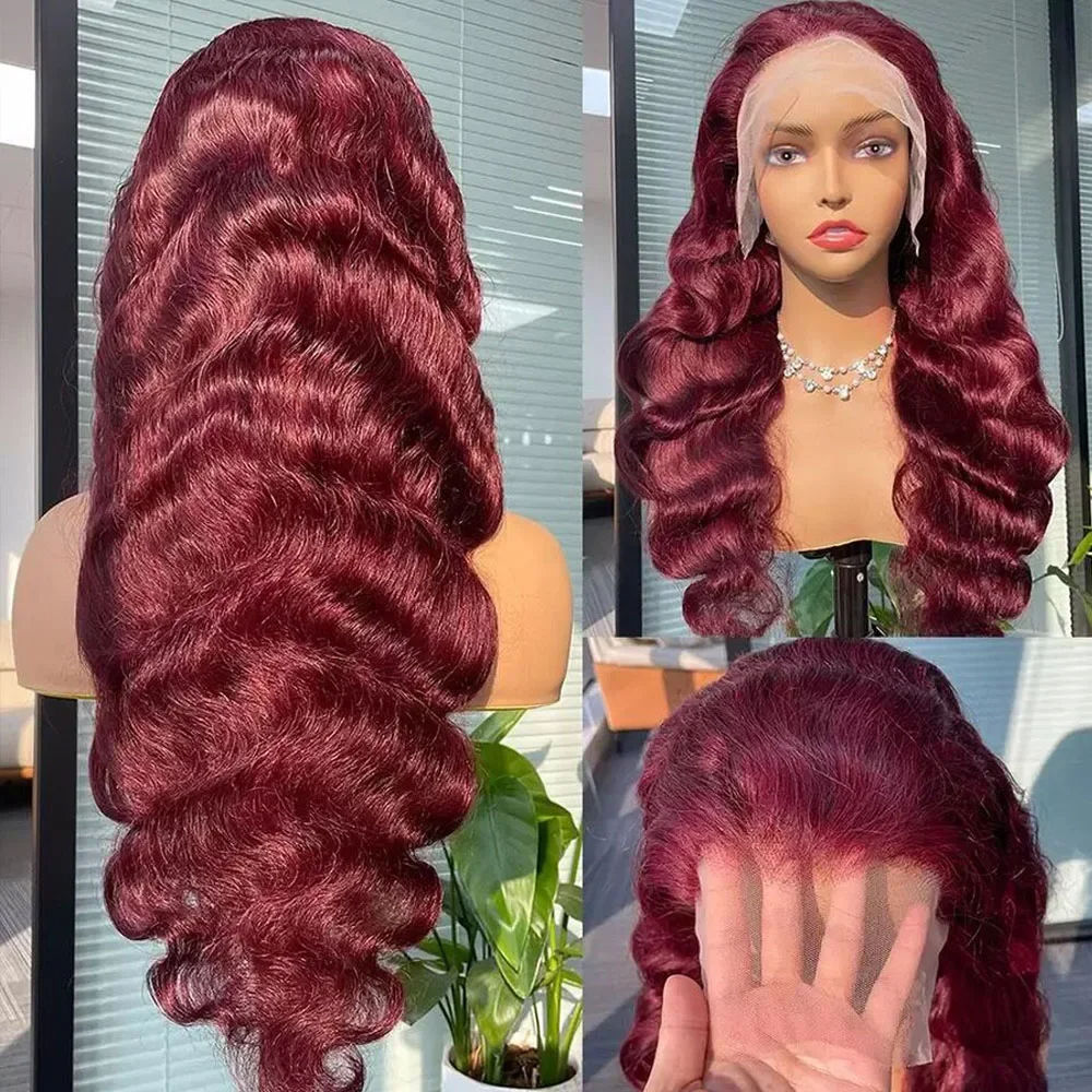 Brunette - Body Wave 99j Burgundy - 13x4 Transparent Lace Front Wig Pre-Plucked 180% - 200% Density