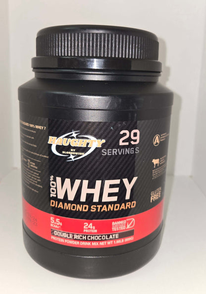 Haughty Chocolate Protein Powder supplement container on display