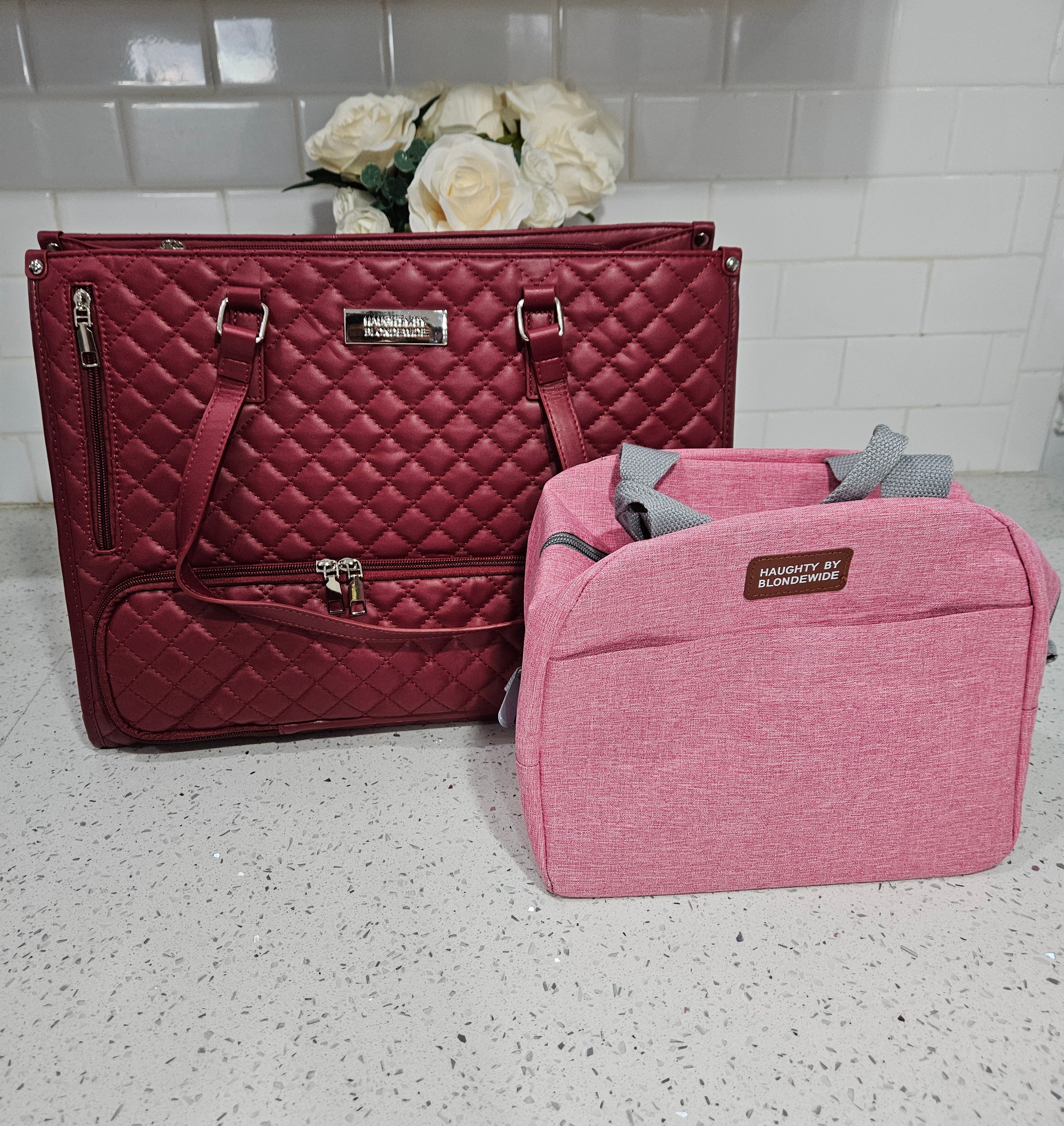 Haughty Work Lunch Bag for Women - Stylish Modern Design Durable Construction Ample Space Office Use Chic Bag with Lunch Component - BURGUNDY