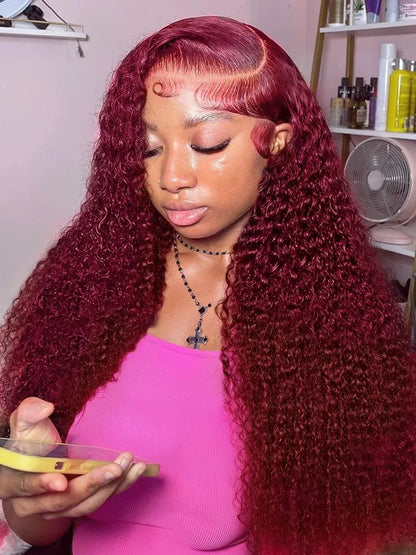 Burg - Deep Wave - 13x4 HD Transparent Lace Frontal Wig - 99J Burgundy Red- 180% - 200% Density