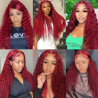 Burg - Deep Wave - 13x4 HD Transparent Lace Frontal Wig - 99J Burgundy Red- 180% - 200% Density