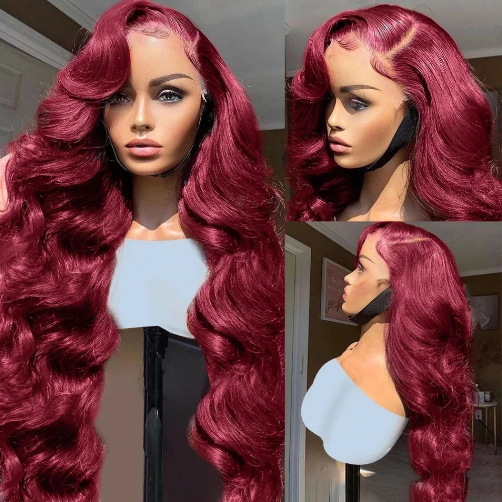 Brunette - Body Wave  99j Burgundy - 13x4 Transparent Lace Front Wig  Pre-Plucked 180% - 200% Density