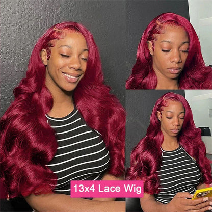Brunette - Body Wave  99j Burgundy - 13x4 Transparent Lace Front Wig  Pre-Plucked 180% - 200% Density