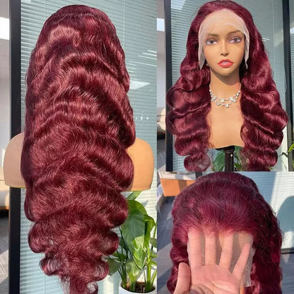 Brunette - Body Wave  99j Burgundy - 13x4 Transparent Lace Front Wig  Pre-Plucked 180% - 200% Density